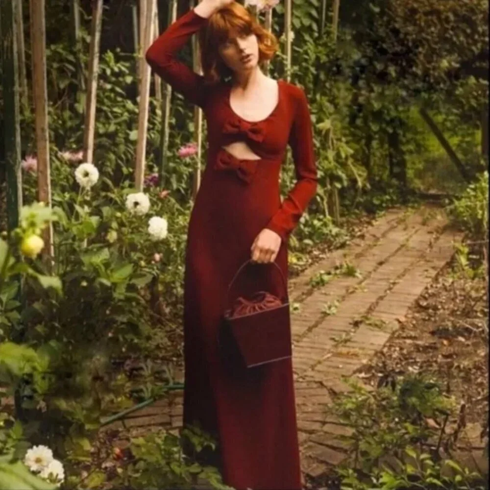 Staud Lido Dress Maxi Long Sleeve Cutout Bow Evening Gown Dark Red New Size 8 - Picture 1 of 13